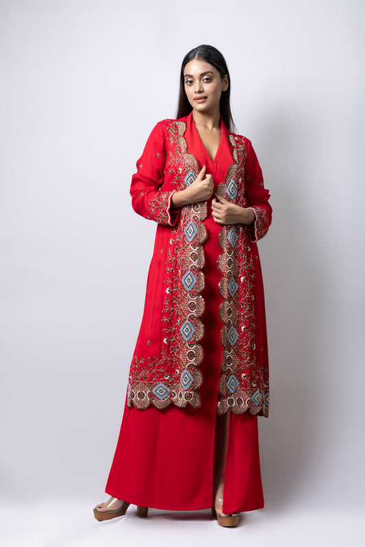 Red Zardozi Jacket Set